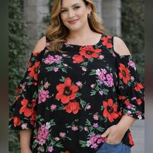 Time To Bloom Vibrant Floral Cold Shoulder Top Tiered Ruffle Sleeve 2X